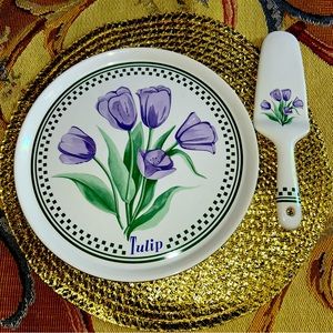 Vintage Garden Classics Purple Floral Tulips Stoneware Cake Plate Server Box Set